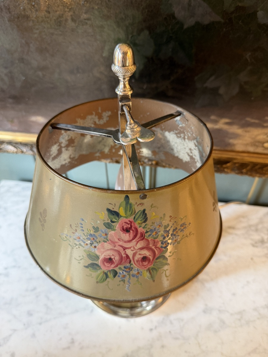 Painted Sheet Metal Bouillotte Lamp With Floral Decoration, Height 37.5 Cm-photo-4