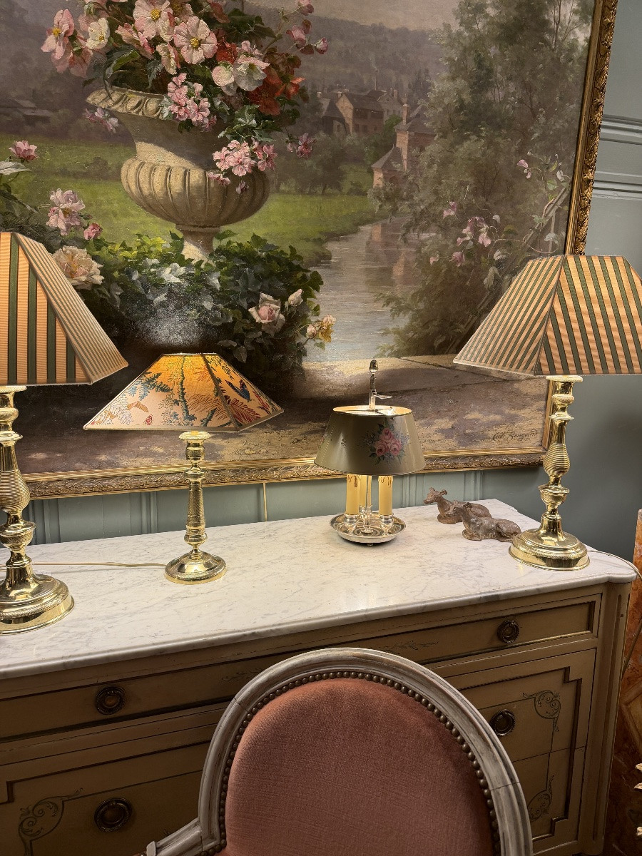 Painted Sheet Metal Bouillotte Lamp With Floral Decoration, Height 37.5 Cm-photo-7