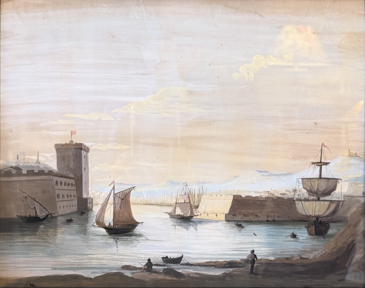 Vue du port de Marseille, Gouache XIXème-photo-2
