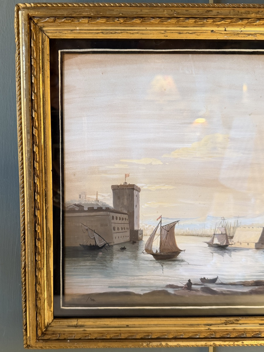 Vue du port de Marseille, Gouache XIXème-photo-3