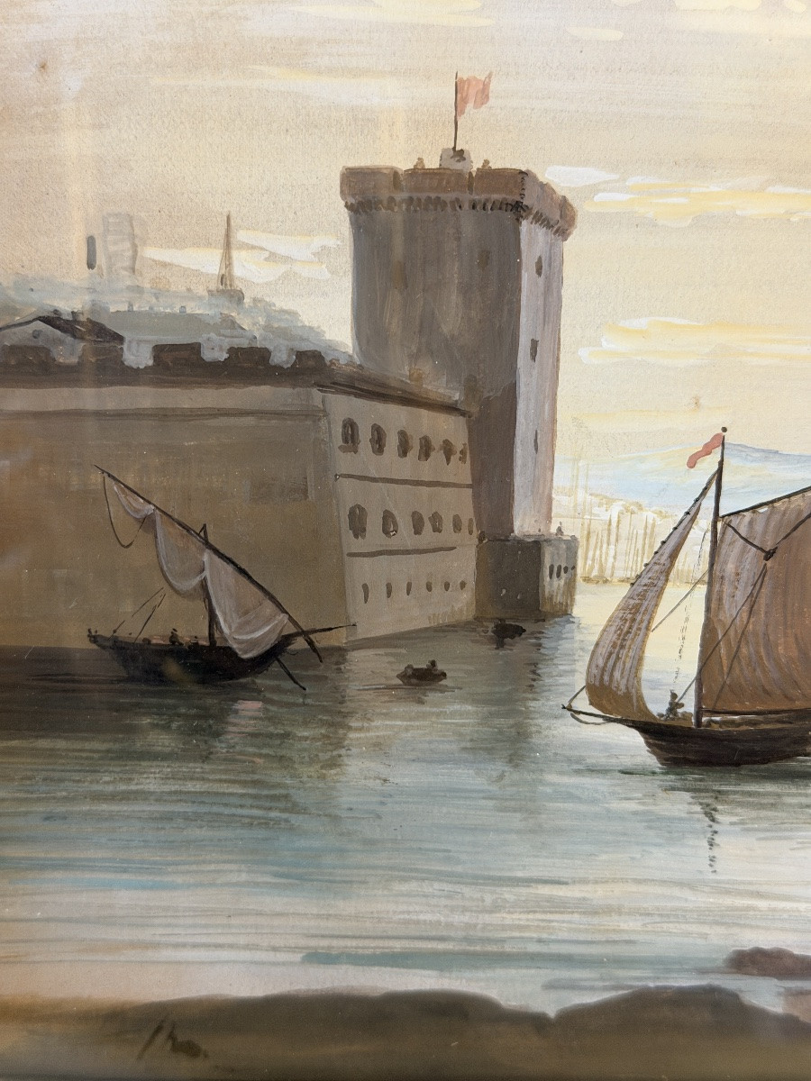Vue du port de Marseille, Gouache XIXème-photo-1