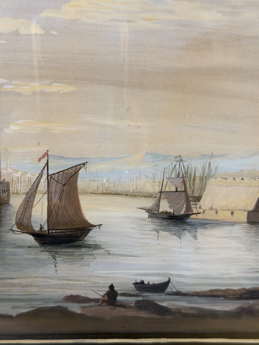 Vue du port de Marseille, Gouache XIXème-photo-2