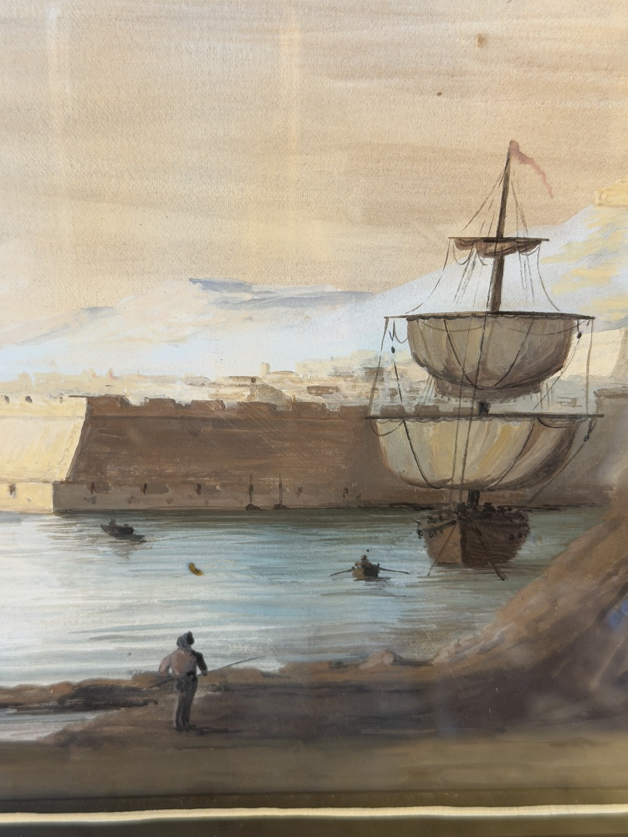 Vue du port de Marseille, Gouache XIXème-photo-3