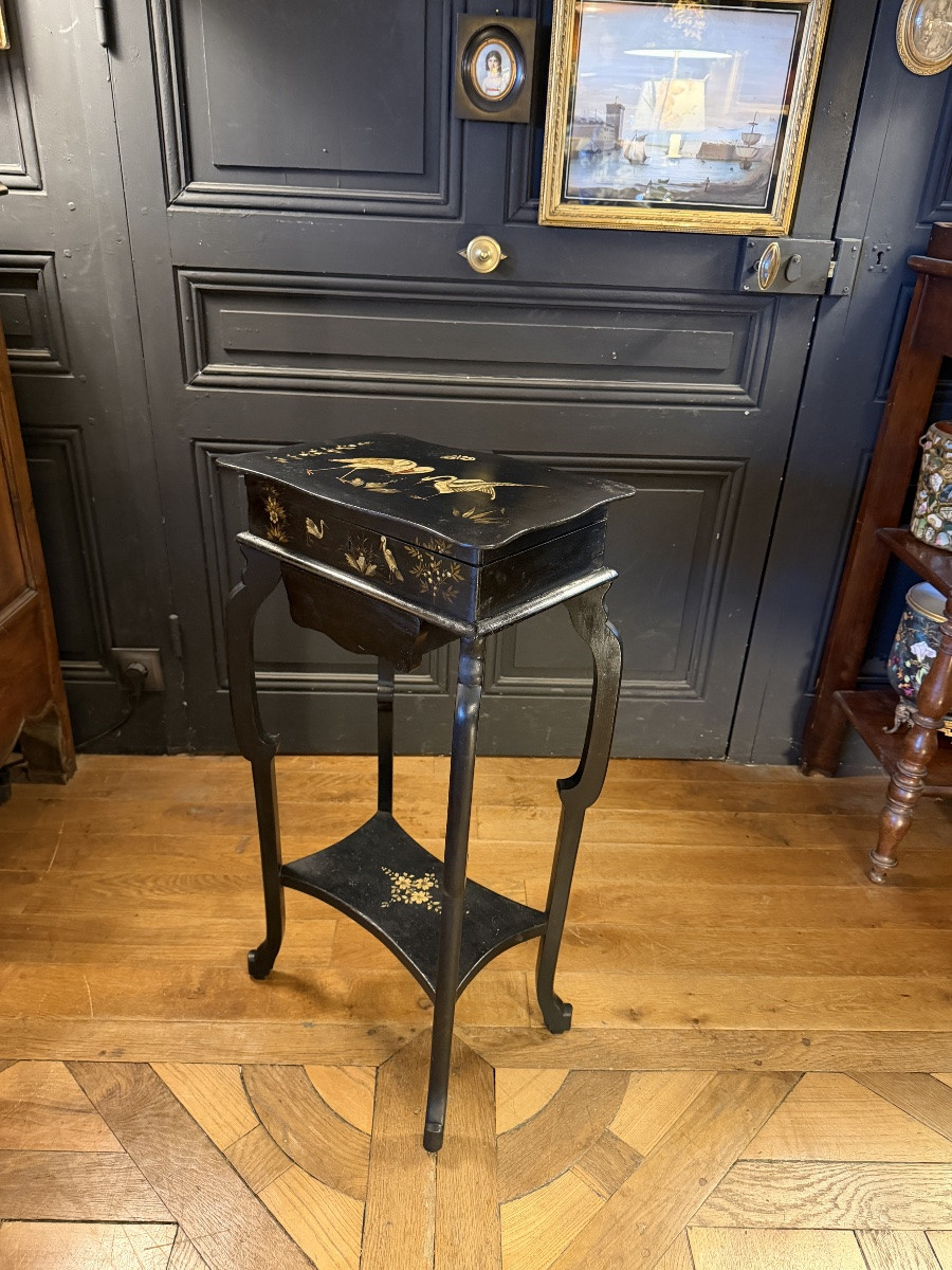 Travailleuse en Laque et bois noirci, époque Napoléon III-photo-1