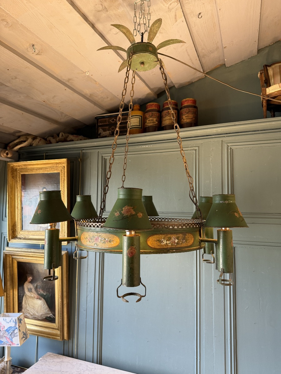 Lustre à Quinquet en tôle peinte à six feux-photo-2