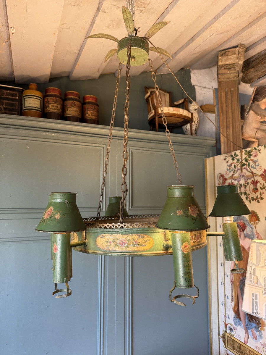 Lustre à Quinquet en tôle peinte à six feux-photo-3