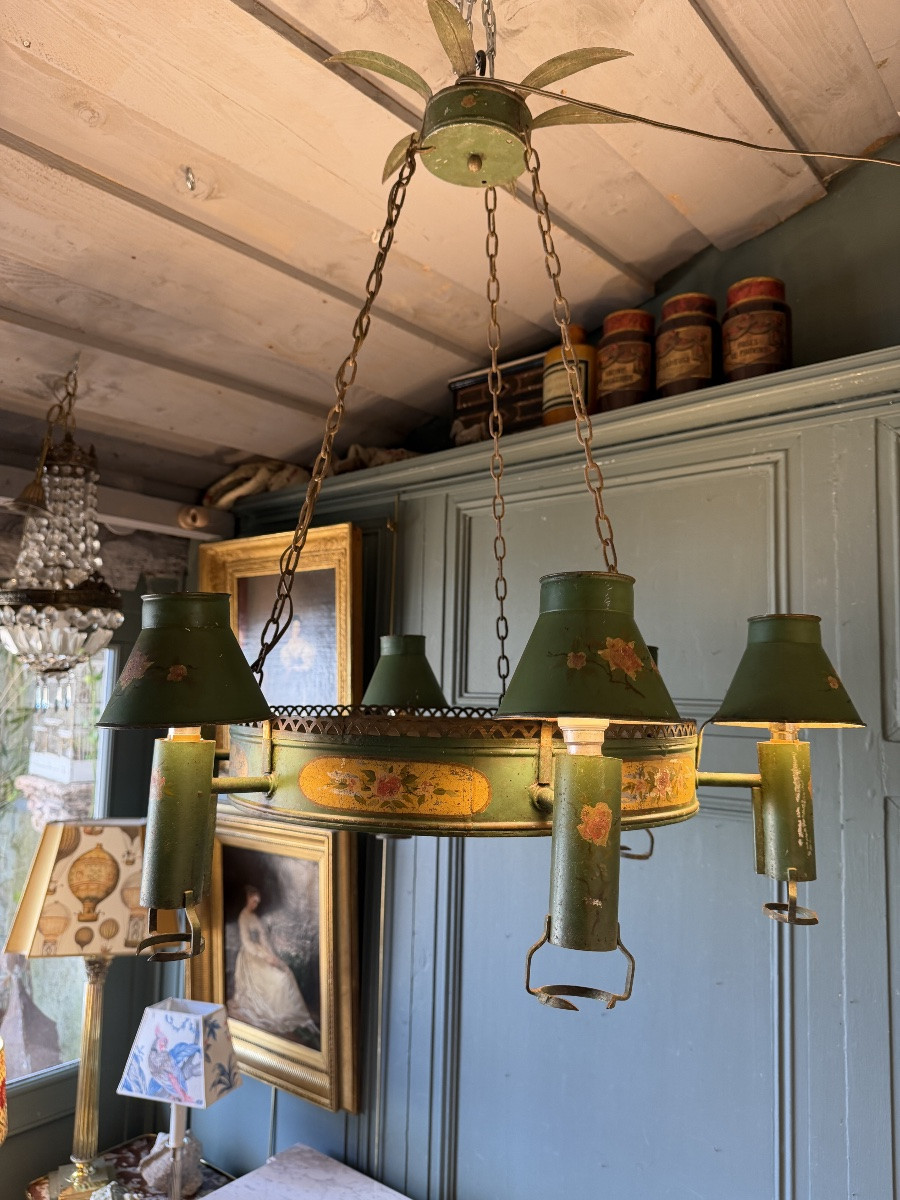Lustre à Quinquet en tôle peinte à six feux-photo-4