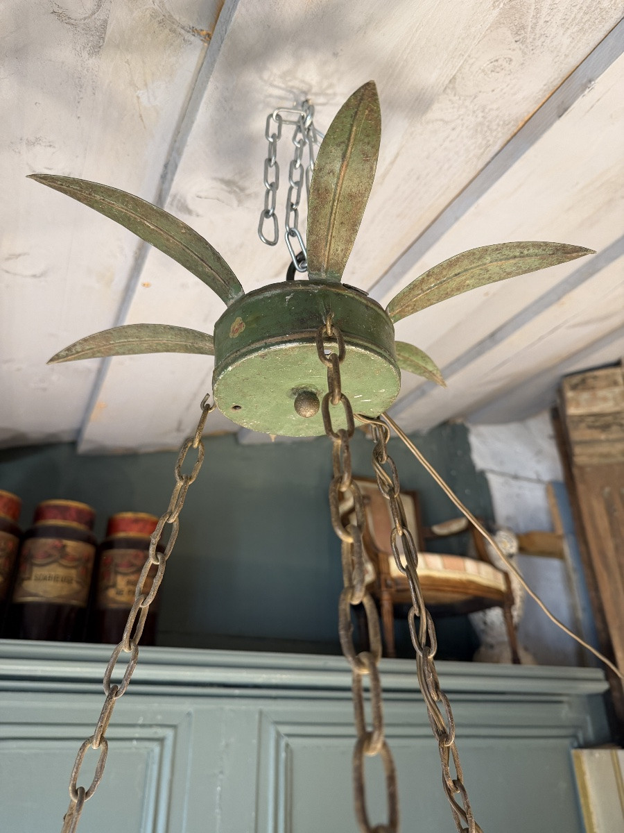 Lustre à Quinquet en tôle peinte à six feux-photo-3