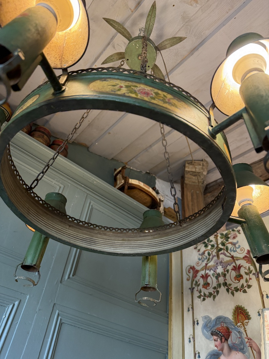 Lustre à Quinquet en tôle peinte à six feux-photo-4