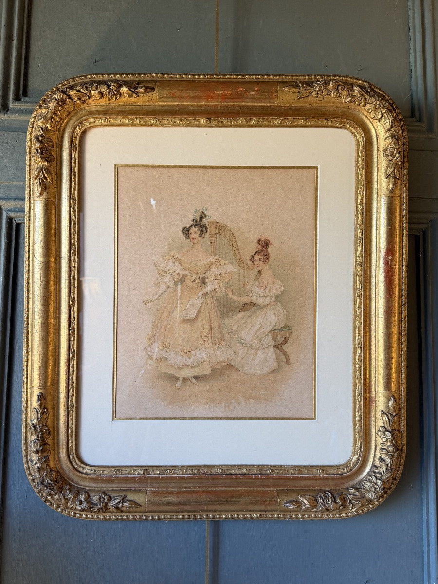 Paire de lithographies : la leçon de Piano-forte et de Harpe, époque Restauration -photo-2
