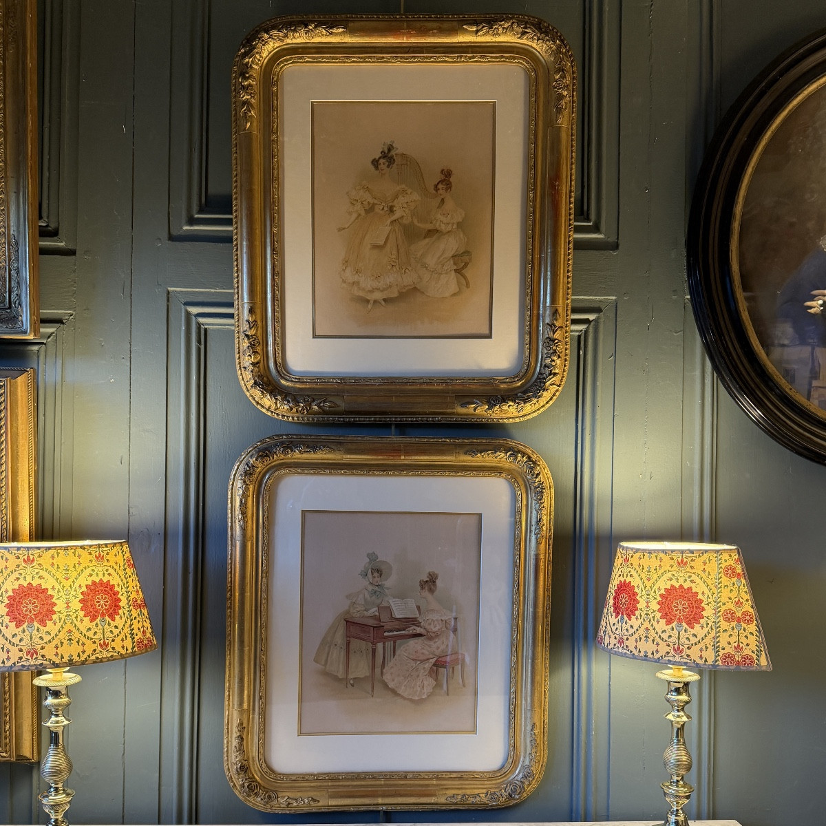 Paire de lithographies : la leçon de Piano-forte et de Harpe, époque Restauration 