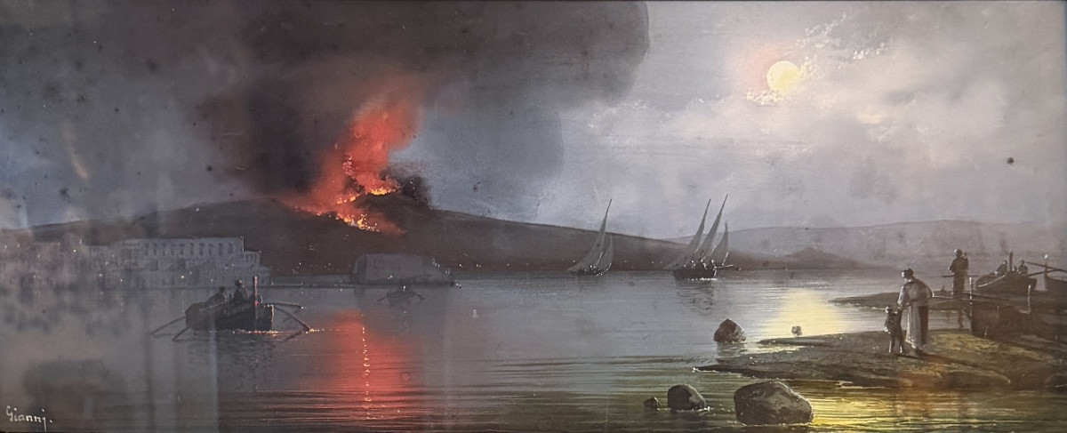 L'éruption du Vésuve de nuit, Gouache Napolitaine XIXème-photo-2