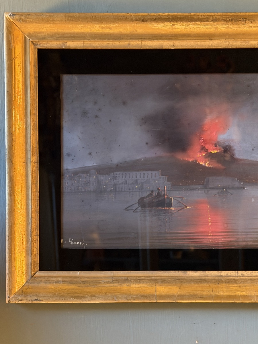 L'éruption du Vésuve de nuit, Gouache Napolitaine XIXème-photo-3