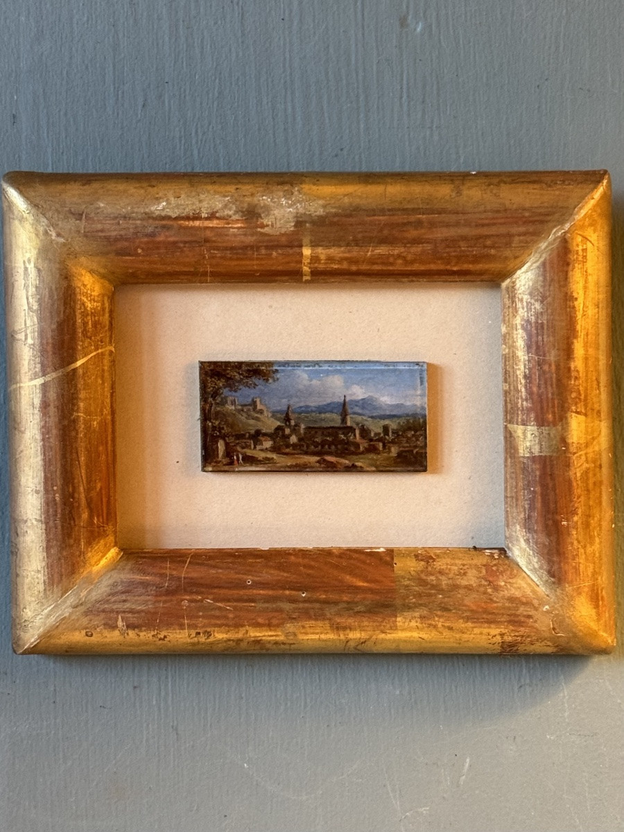 Paysages animés : Paris, Grenoble et la campagne, suite de quatre fixés sous verre XIXème-photo-4