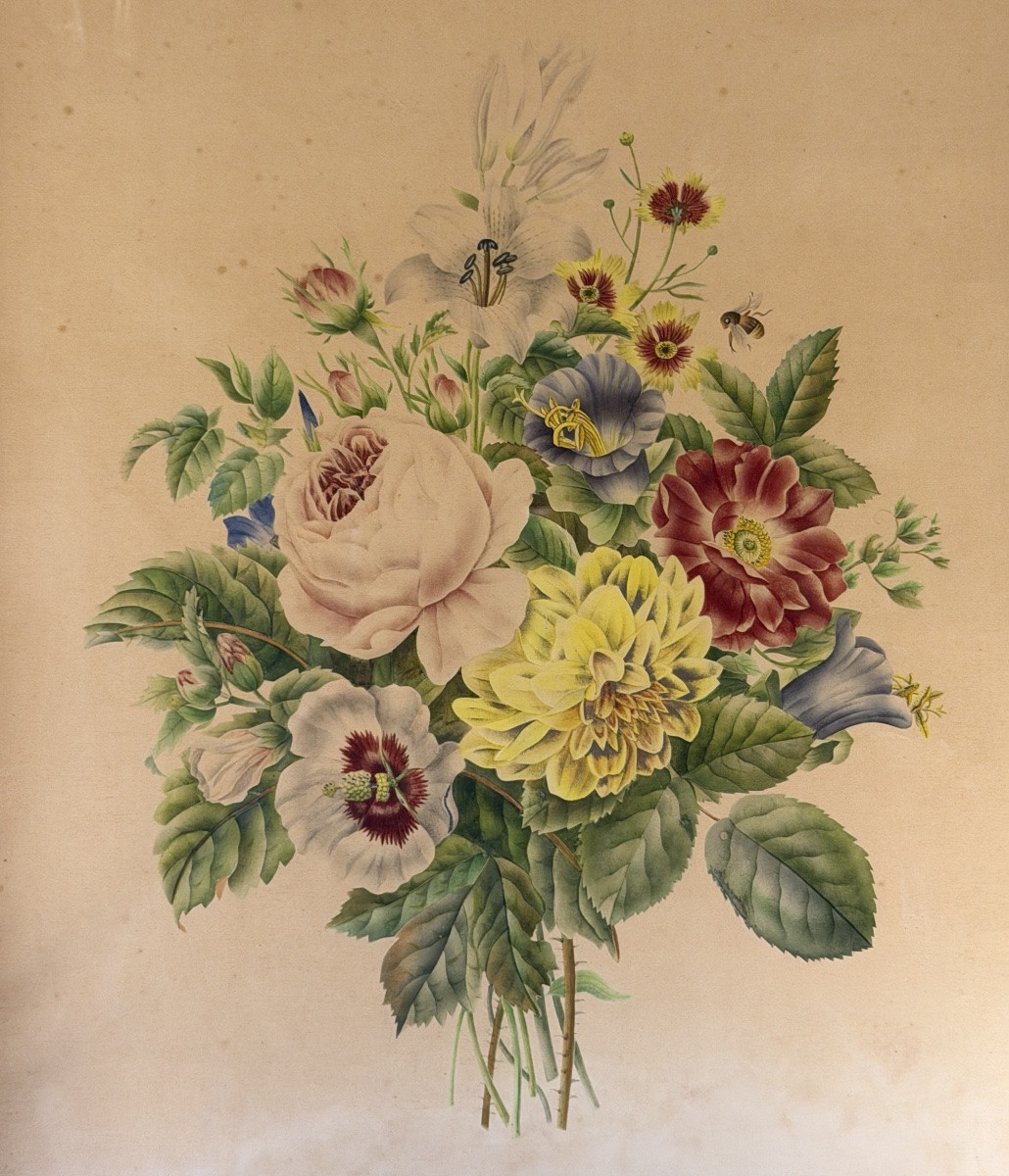 Bouquet Of Flowers, 19th Century Watercolor-photo-2