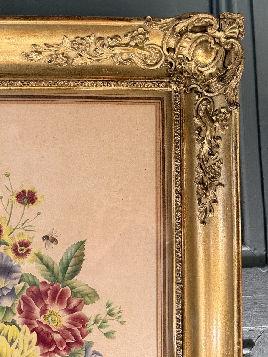Bouquet Of Flowers, 19th Century Watercolor-photo-4