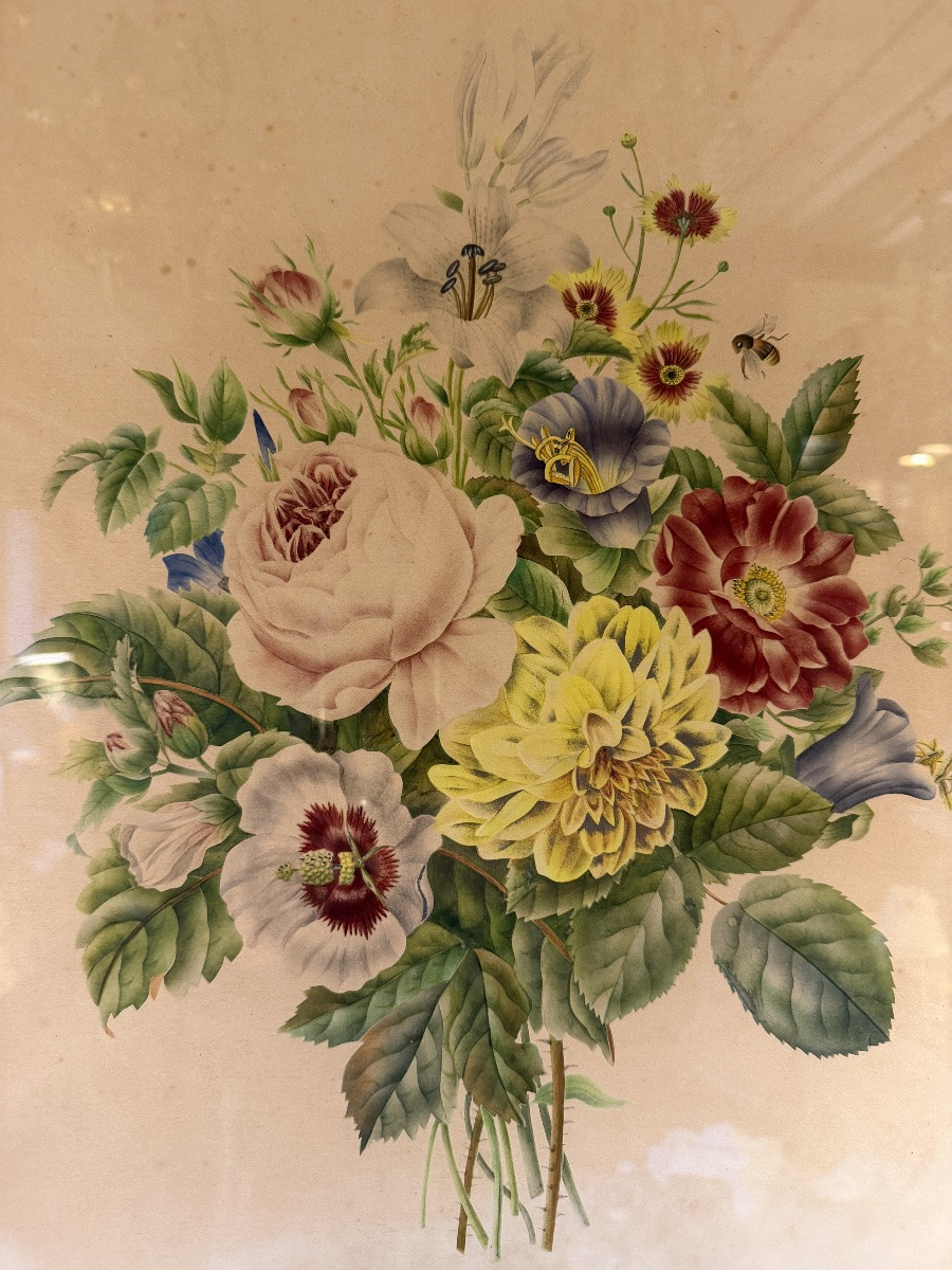 Bouquet Of Flowers, 19th Century Watercolor-photo-3
