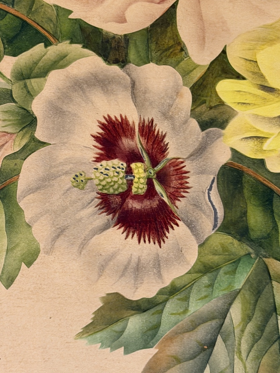 Bouquet Of Flowers, 19th Century Watercolor-photo-4