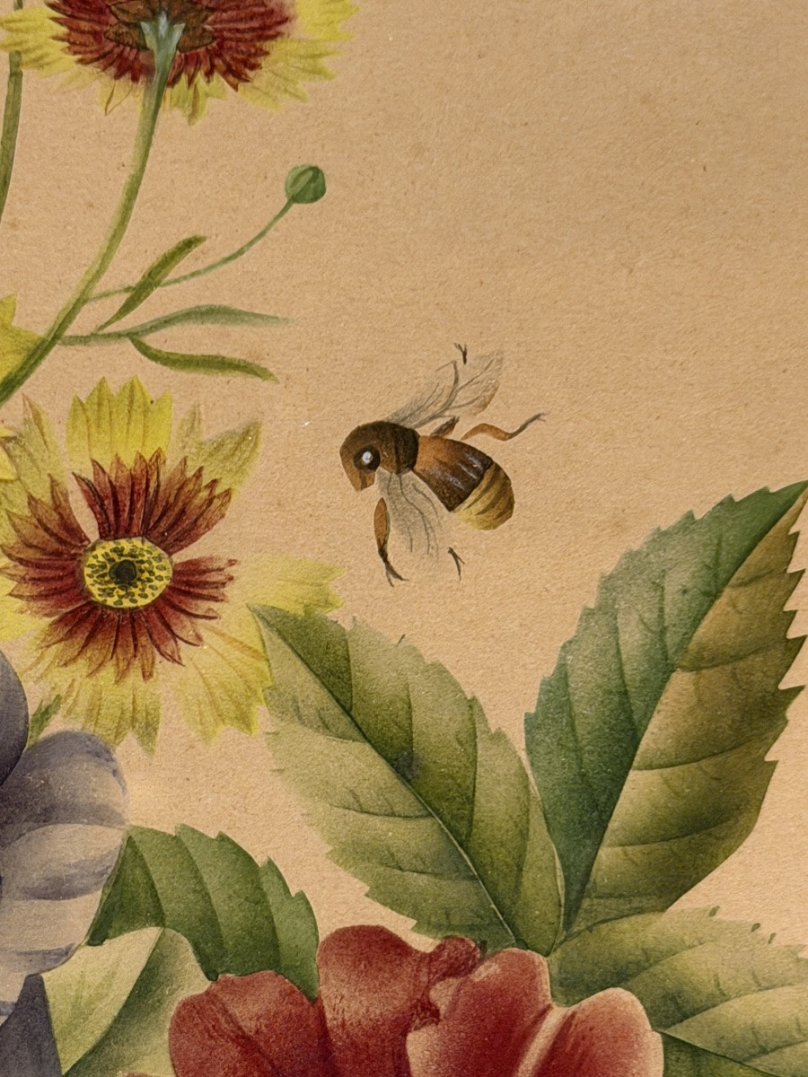 Bouquet Of Flowers, 19th Century Watercolor-photo-5