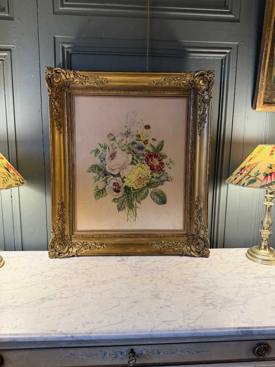 Bouquet Of Flowers, 19th Century Watercolor-photo-6