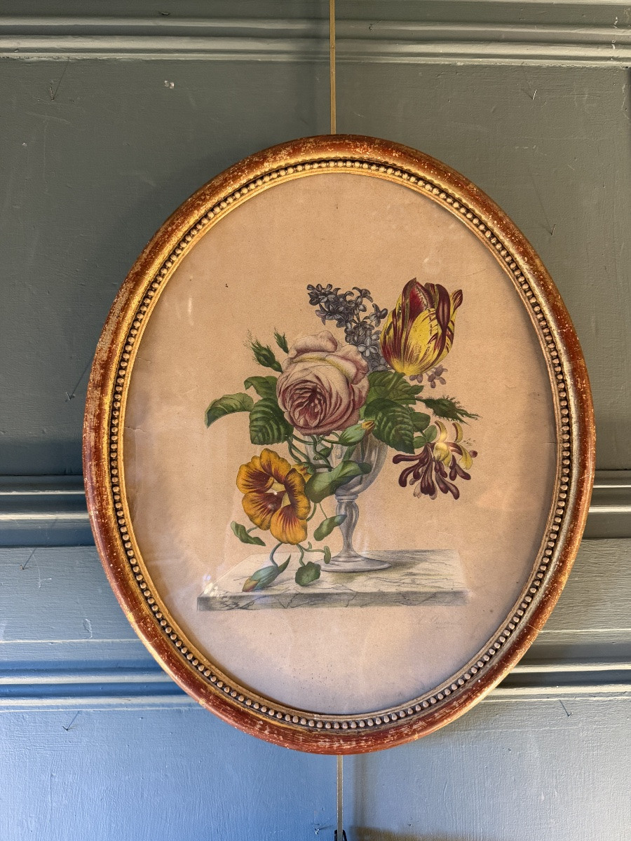 Paire de bouquets de fleurs en médaillons, gouaches datées 1863-photo-2