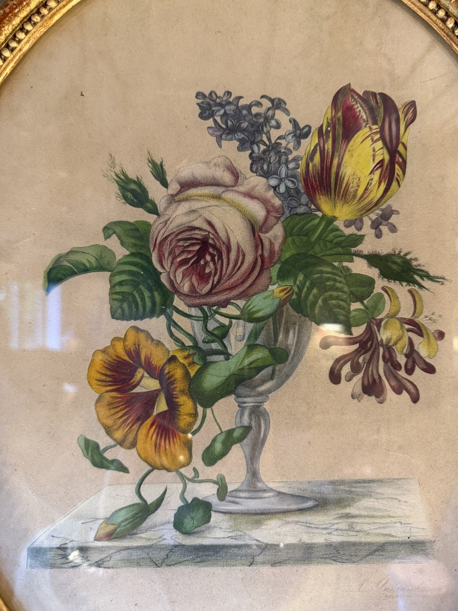 Paire de bouquets de fleurs en médaillons, gouaches datées 1863-photo-4