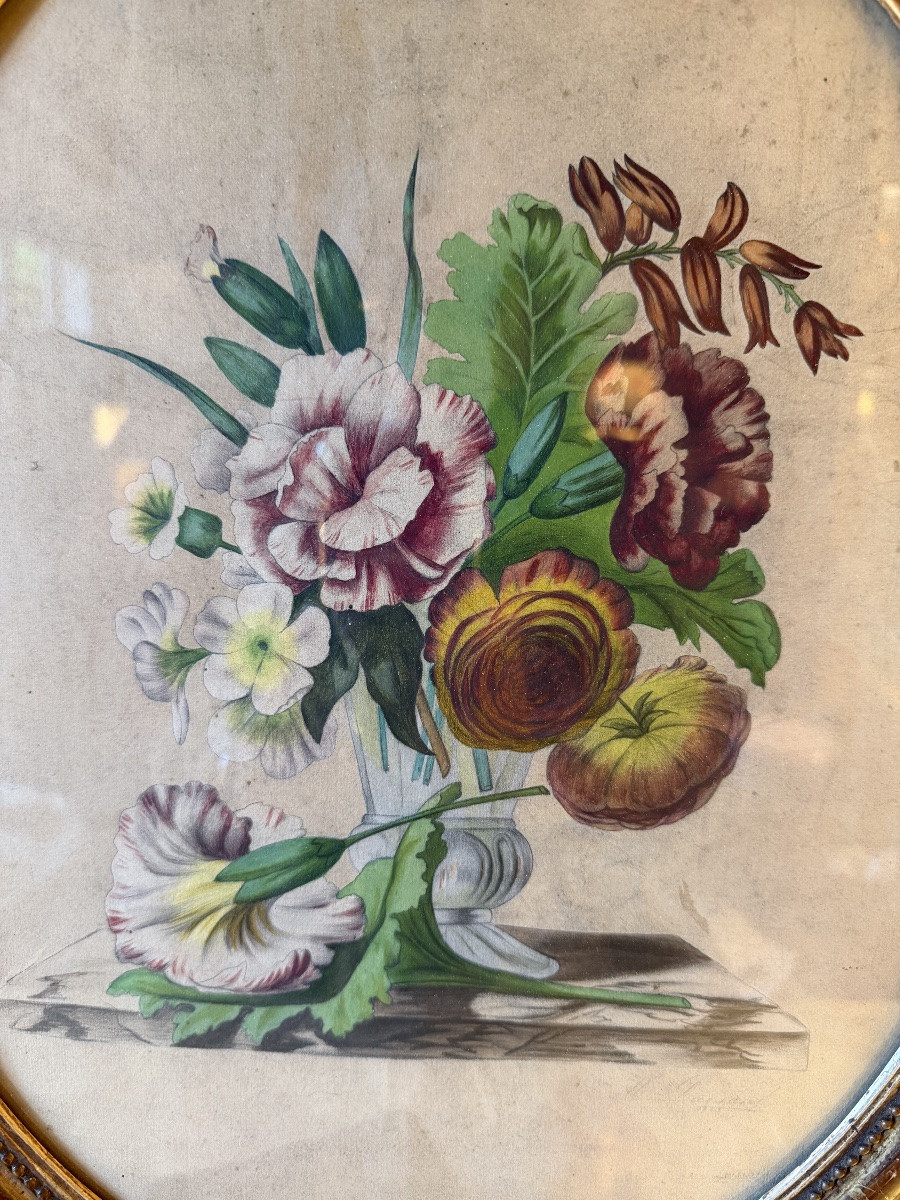 Paire de bouquets de fleurs en médaillons, gouaches datées 1863-photo-1
