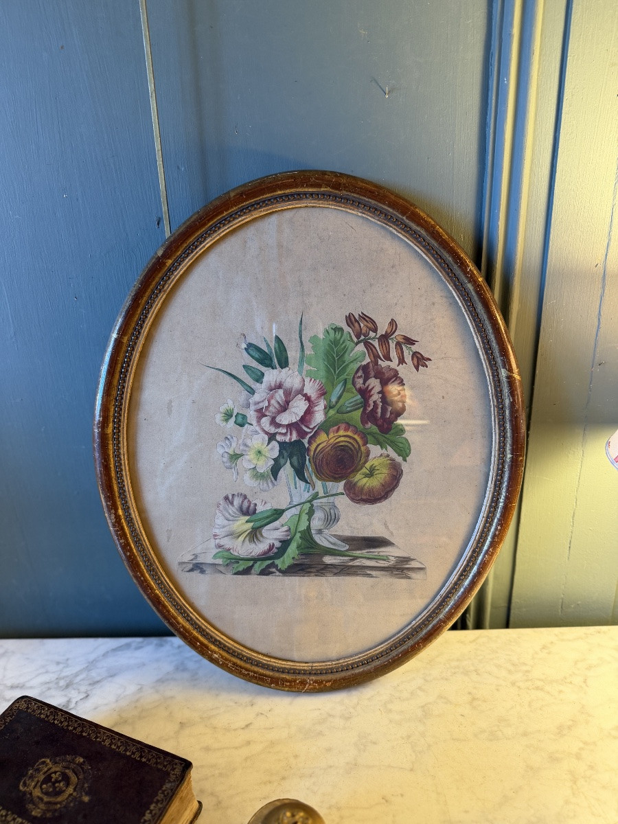 Paire de bouquets de fleurs en médaillons, gouaches datées 1863-photo-4