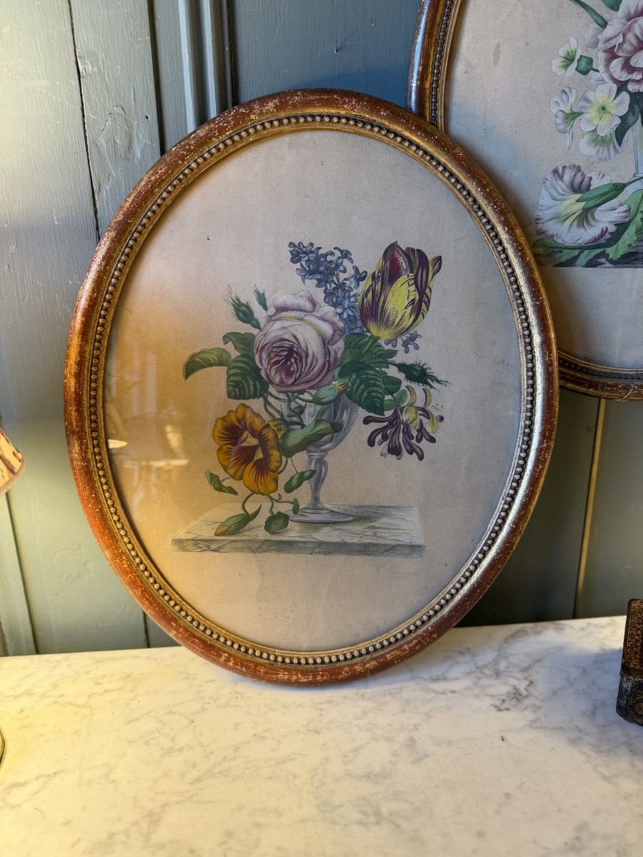 Paire de bouquets de fleurs en médaillons, gouaches datées 1863-photo-5