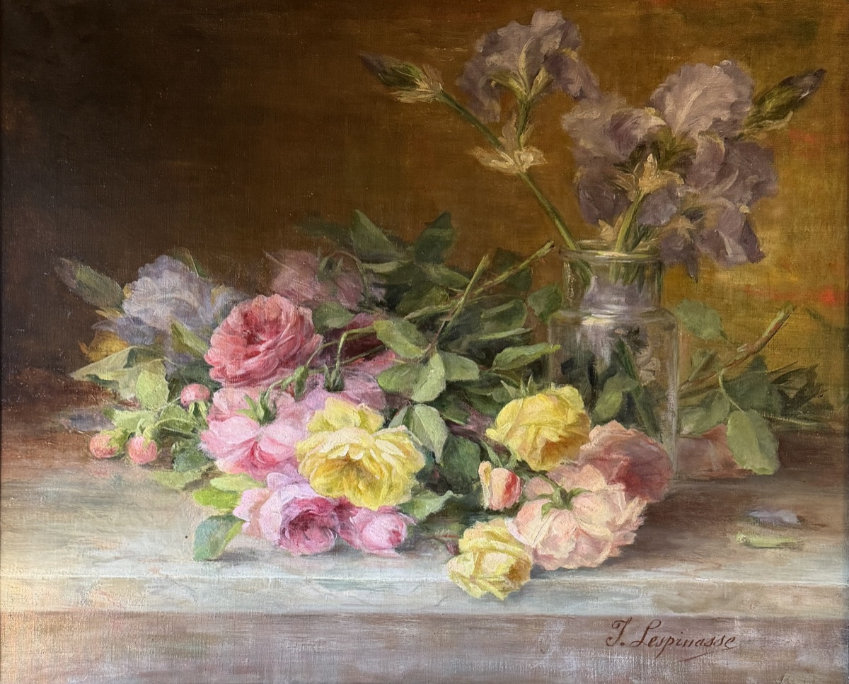 Jetée de roses anciennes et bouquet d'iris de Théodore Lespinasse-photo-2