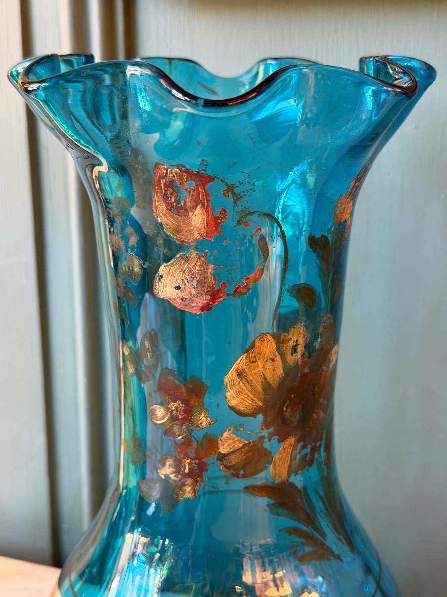 Paire de vases bleus en verre -photo-4