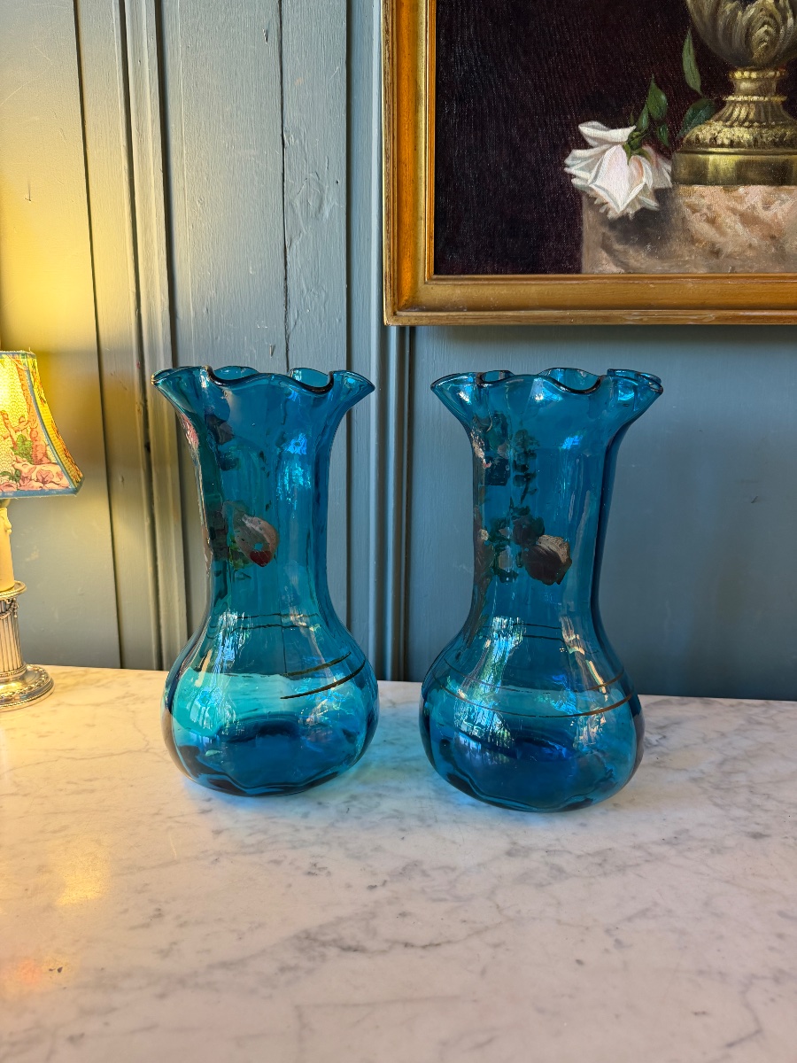 Paire de vases bleus en verre -photo-4