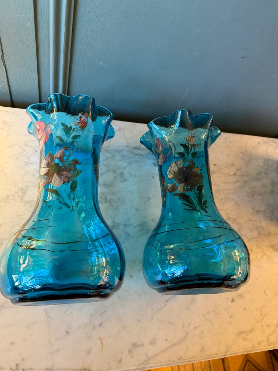 Paire de vases bleus en verre -photo-5