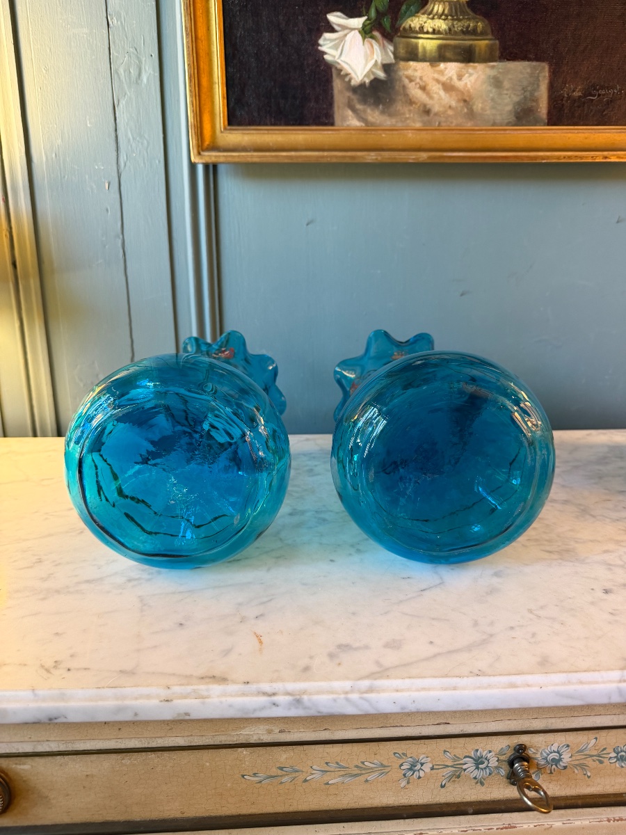Paire de vases bleus en verre -photo-6