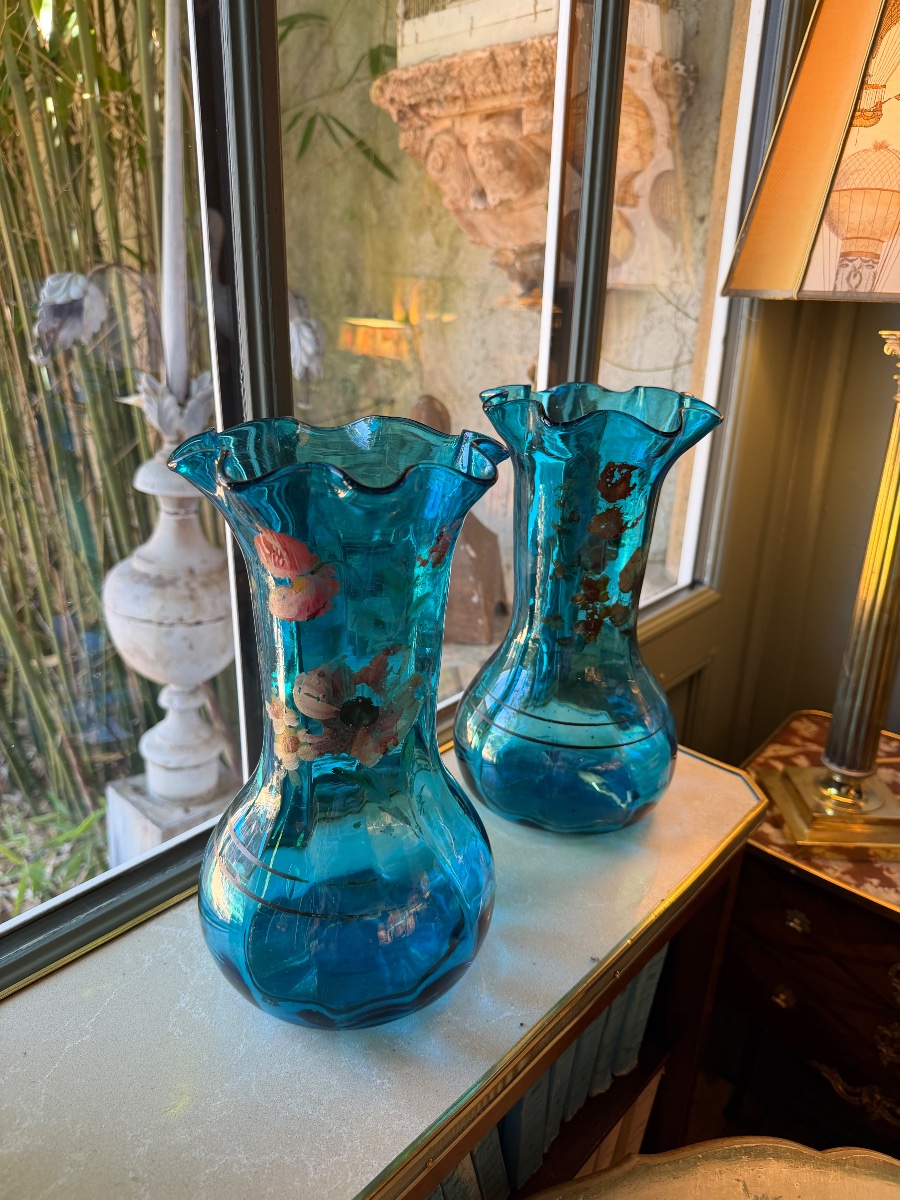 Paire de vases bleus en verre -photo-7