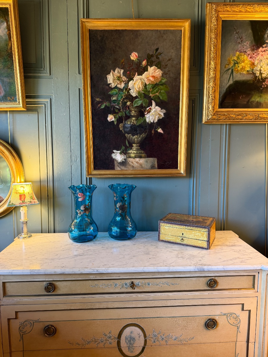 Paire de vases bleus en verre -photo-8