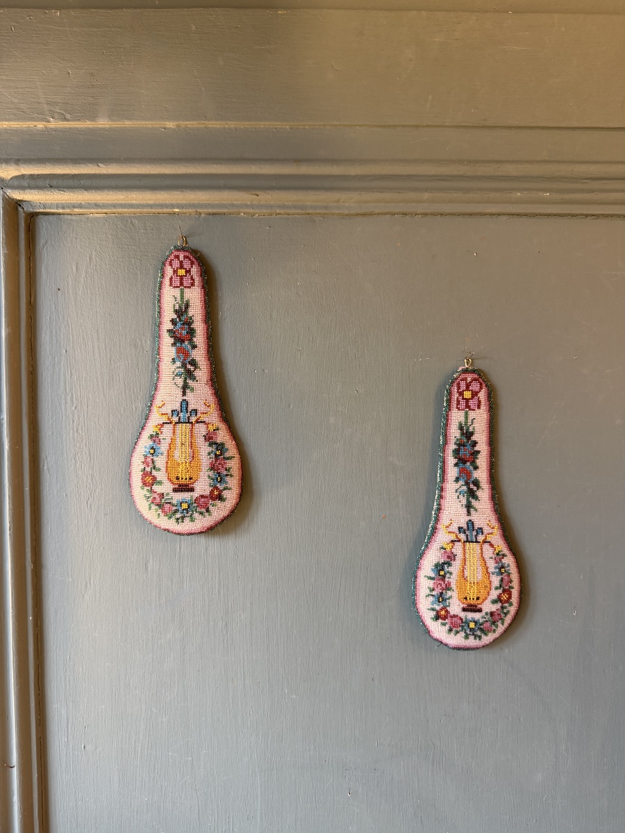 Pair Of Pearl Embroideries With Lyre Design-photo-3