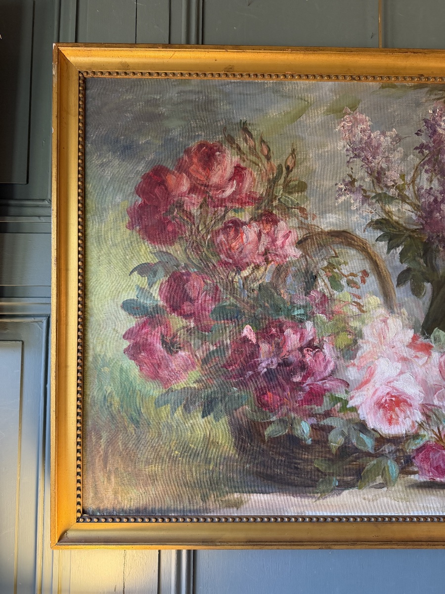 Grand tableau de fleurs, roses et lilas signé A. Wolf-photo-2