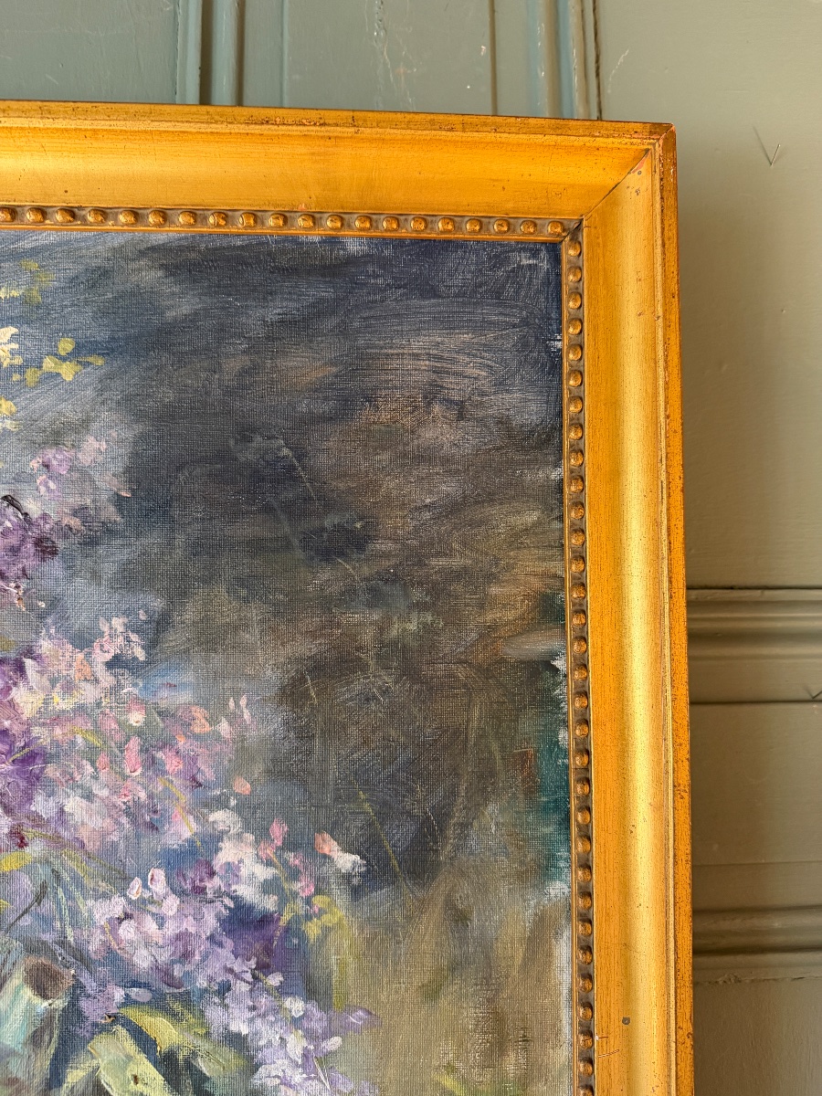 Grand tableau de fleurs, roses et lilas signé A. Wolf-photo-1