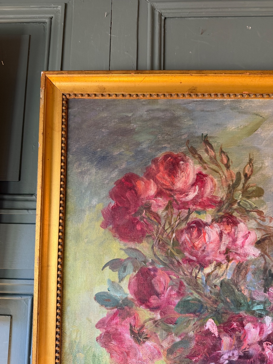 Grand tableau de fleurs, roses et lilas signé A. Wolf-photo-2