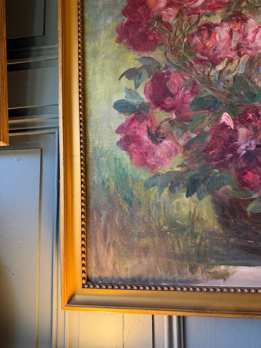 Grand tableau de fleurs, roses et lilas signé A. Wolf-photo-3