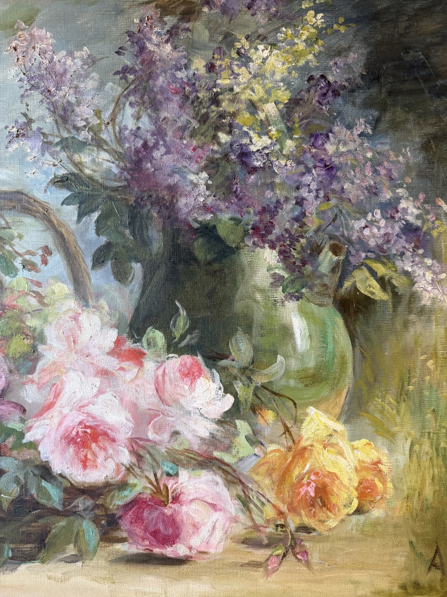Grand tableau de fleurs, roses et lilas signé A. Wolf-photo-5