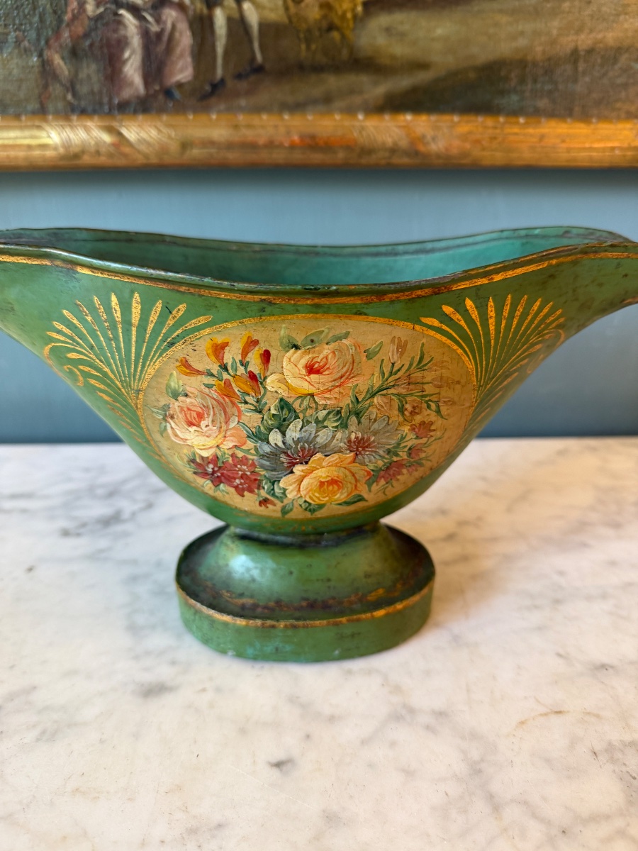 Small Painted Sheet Metal Planter With A Floral Design-photo-2