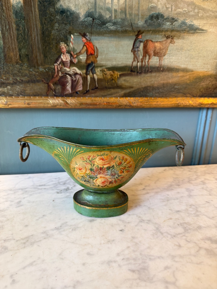 Small Painted Sheet Metal Planter With A Floral Design-photo-4