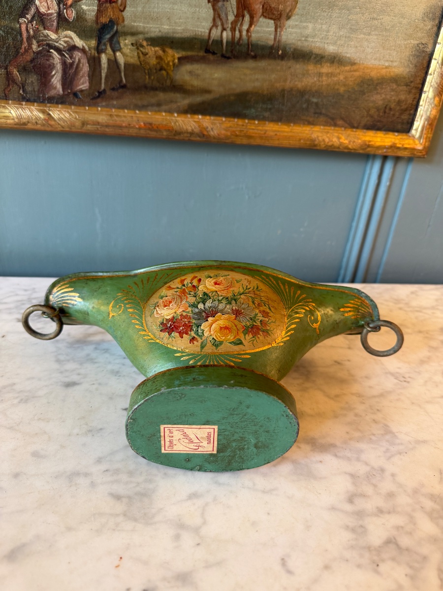 Small Painted Sheet Metal Planter With A Floral Design-photo-4