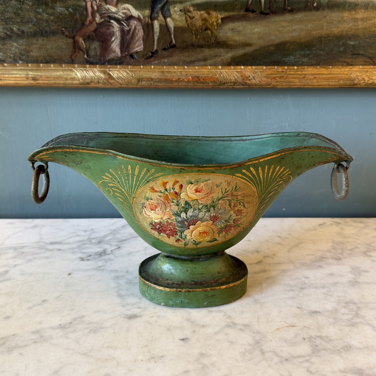 Small Painted Sheet Metal Planter With A Floral Design