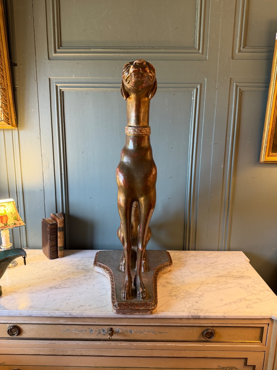 Dog Statue, Carved And Weathered Wooden Greyhound, Height 75.5 Cm-photo-2