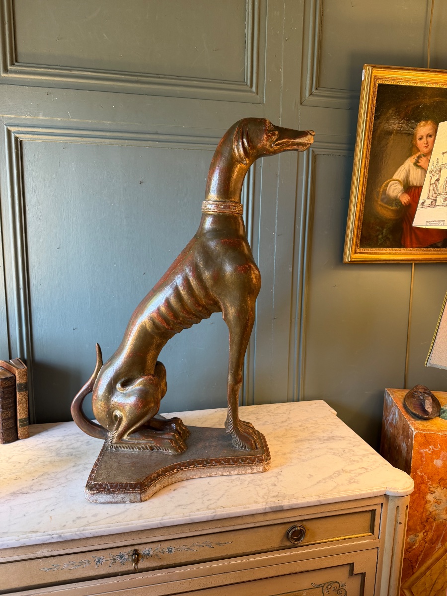 Dog Statue, Carved And Weathered Wooden Greyhound, Height 75.5 Cm-photo-3