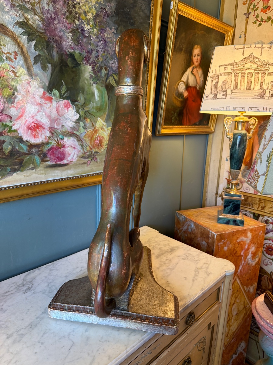 Dog Statue, Carved And Weathered Wooden Greyhound, Height 75.5 Cm-photo-4