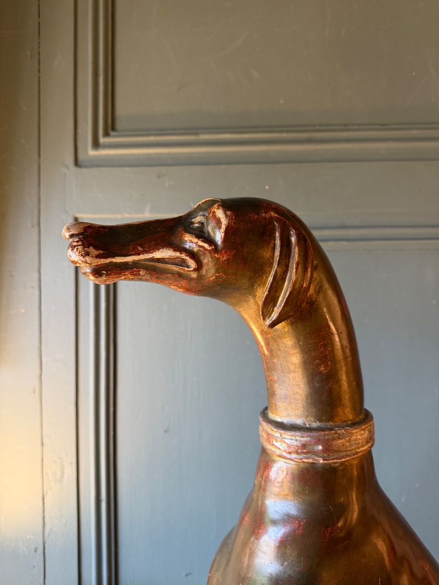 Dog Statue, Carved And Weathered Wooden Greyhound, Height 75.5 Cm-photo-1